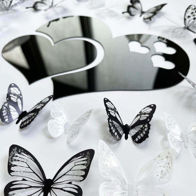 TVPHLLY 3D Crystal Butterfly and Acrylic Mirror Hearts Wall Stickers with Adhesive Art Decal Satin Paper Baby Kids Bedroom Home DIY Decor Removable Stickers (36 Butterfly and Black Heart) - Image 4
